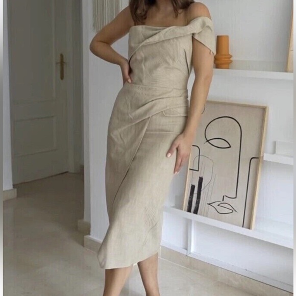 nwt zara asymmetric beige dress midi one shoulder tan taupe pencil - Picture 1 of 8